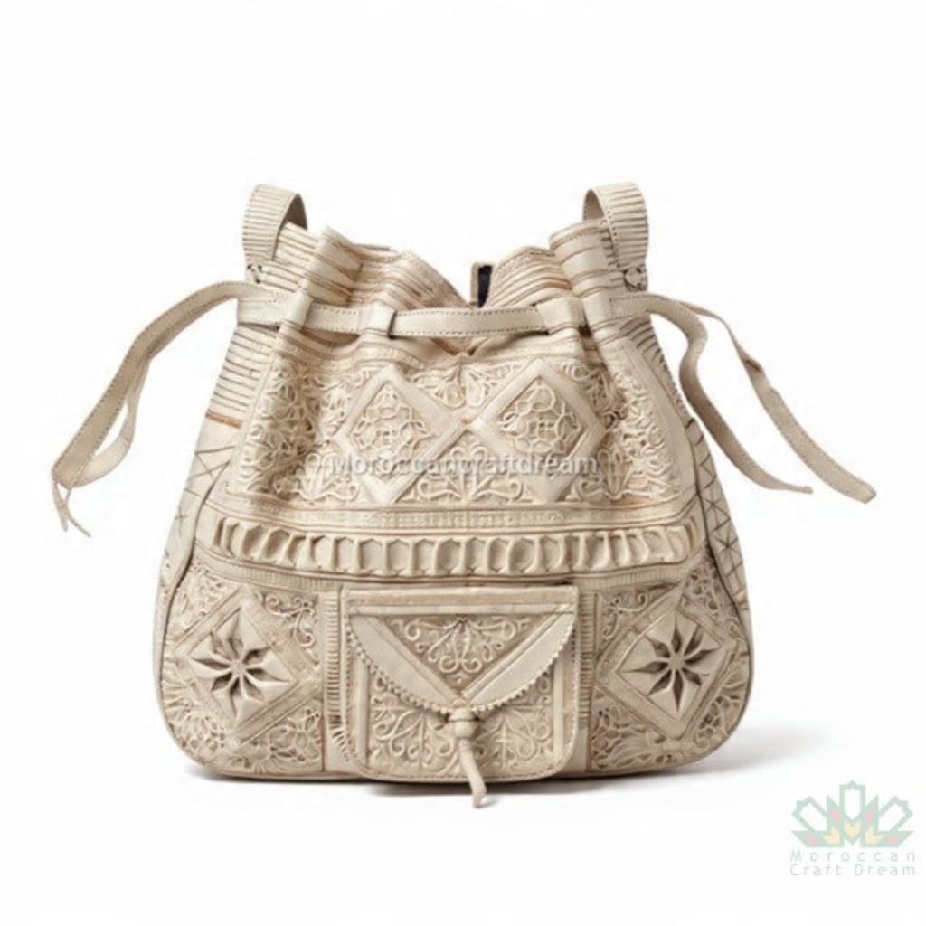 Beige embroidered handbag on a white background
