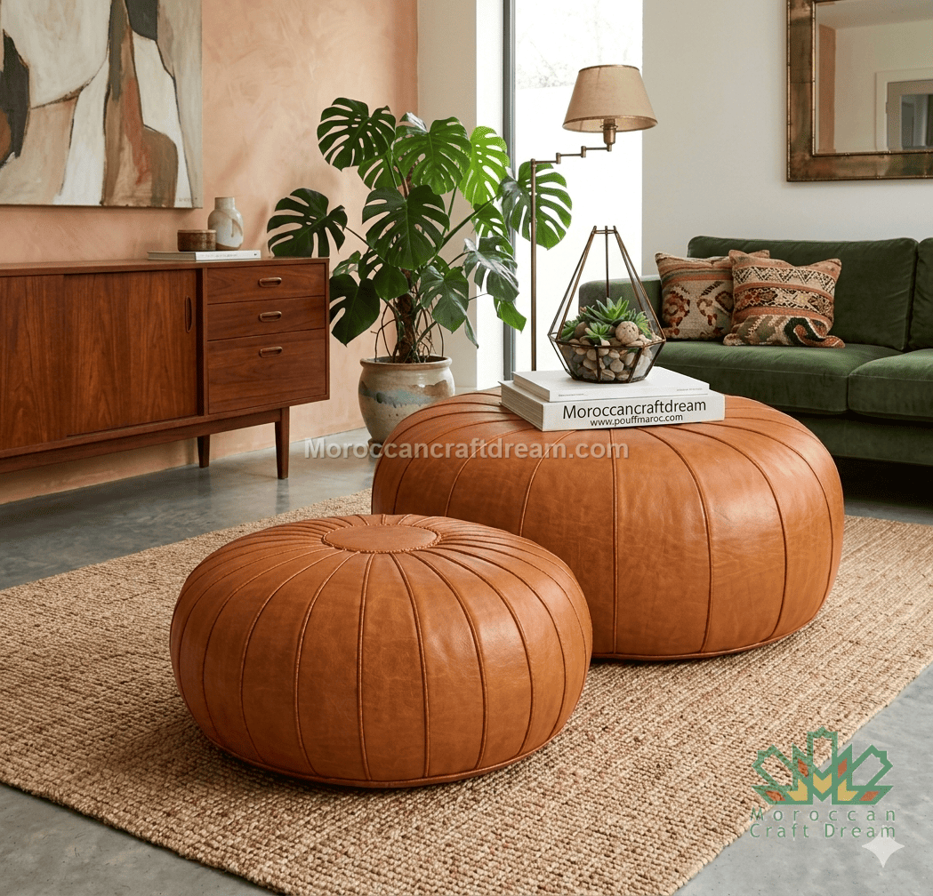 Two caramel leather ottomans in a living room setting with a green sofa and decorative items.