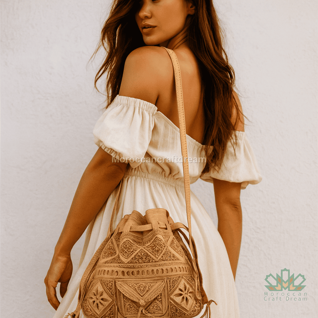 Woman wearing an off-shoulder dress holding a beige embroidered bag against a white background