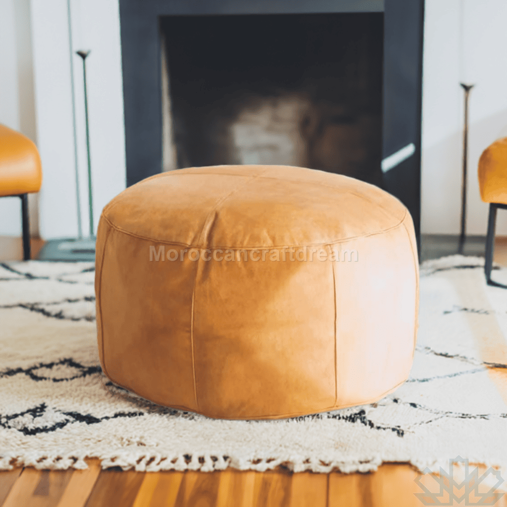 tobacco leather ottoman used as pouf or foot stool
